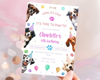 Dog Editable Birthday Invitation, Puppy Pawty, Girls Puppy Party, Puppy Birthday Party, Printable Dog Invite, Dog Birthday Digital Invite