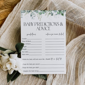 Eucalyptus babyvoorspellingskaart, babyshowerspel, advies + goede wensen voor toekomstige ouders, groene babyshower, bewerkbare babyvoorspelling