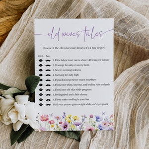 Jeu floral de baby shower de contes de vieilles femmes, jeu de baby shower de fleurs sauvages, quiz de baby shower, jeu imprimable modifiable de révélation de sexe