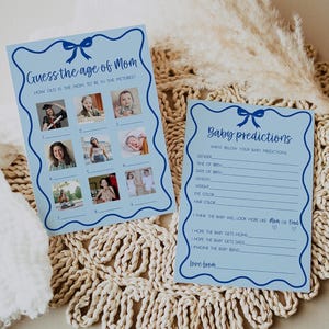 Prédictions de bébé ondulées pour baby shower, jeu photo Devinez l'âge de maman, ensemble de jeux pour garçon avec noeud bleu, imprimable et modifiable, jeux de bébé rétro amusants
