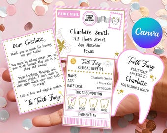 Conjunto de mini letras rosa da fada do dente para impressão, recibo editável da fada do dente do Canva, certificado da fada do dente, modelo digital de dente perdido