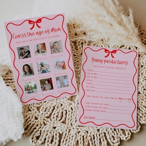 Prédictions de bébé ondulées pour baby shower, devinez l'âge de maman, jeu photo devinez l'âge de maman, ensemble de jeux imprimables modifiables avec noeud rose rouge, jeu de bébé rétro amusant