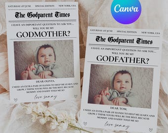 新聞紙を使った印刷可能なプロポーズカード、写真編集可能なゴッドペアレント洗礼プロポーズ、ゴッドマザーデジタルCanvaテンプレート