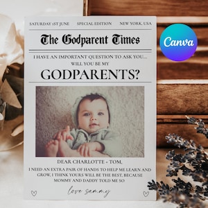 Will You Be My Godparent Newspaper Printable Proposal Card, Editable Photo Canva Baptism Proposal, Godmother Digital Download Template
