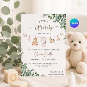Gender Neutral Baby Shower Invitation, Canva Baby Clothes Baby Shower Editable Template, Baby Brunch Neutral Eucalyptus Printable Invite image 1