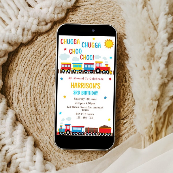 Train Birthday Phone Electronic Invitation, Chugga Chugga Choo Choo Invite, Train Theme Party, Editable Train Invite, Transport Invite