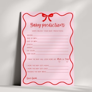 Roze en rode golvende strik babyvoorspellingskaart, babyshowergames, bewerkbare afdrukbare leuke retro babygames, aangepaste babyshowerwensen