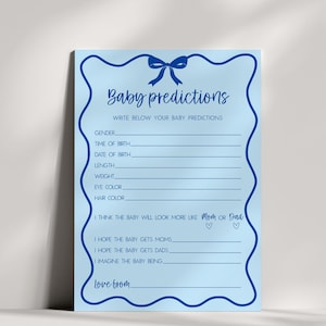 Blauwe jongen golvende strik babyvoorspellingskaart, babyshowergames, bewerkbare afdrukbare leuke retro babygames, aangepaste babyshowerwensen