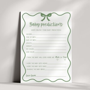 Carte de prédictions de bébé noeud ondulé vert, jeux de baby shower neutres en matière de genre, jeux de bébé rétro amusants imprimables modifiables, voeux de baby shower personnalisés