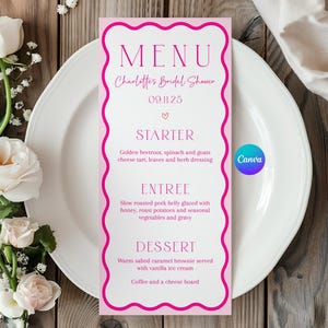 Wavy Border Bridal Shower Menu, Canva Pink Bridal Brunch Menu, Printable Editable Custom Menu, Bachelorette Wedding Shower Dinner Menu Card