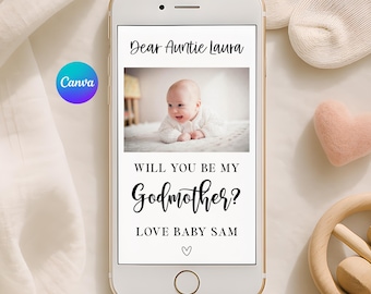 Will You Be My Godmother Proposal Phone Card, Canva Editable Godmother Card, Godparent Proposal, Digital Download, Baptism Proposal Card