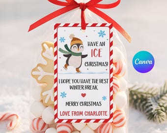 Penguin Christmas Printable Gift Tag, Canva Student Teacher Editable Gift Tag, Friend Winter Cute Holiday Gift Tag, Have An Ice Christmas