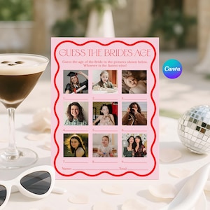 Guess The Brides Age Photo Game, Canva Wavy Pink Red Bridal Shower Game, Photo Bridal Brunch Editable Game, Wedding Shower Fun Retro Game