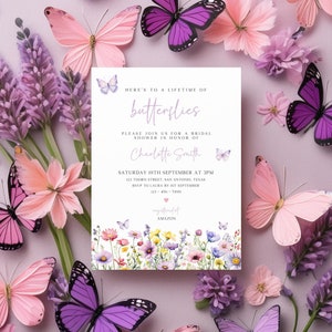 Lebenszeit der Schmetterlings-Brautduschen-Einladung, bearbeitbare Butterlfy-Brautduschen-Einladung, Schmetterlings-Wildblumen-Frühlings-Brautdusche