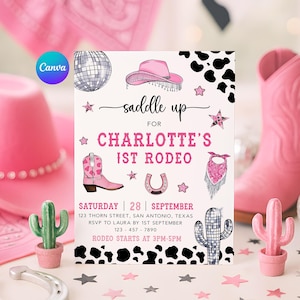 First Rodeo Girl Birthday Invitation, Canva Cowgirl Western Printable Invitation, Editable 1st Birthday Invitation, Pink Party Invitation