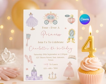 Bewerkbare canvas verjaardagsuitnodiging prinses, uitnodiging Four Ever A Princess, prinses themasjabloon, afdrukbare uitnodiging meisje 4e verjaardag