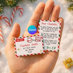 May include: A festive Christmas card and letter set held in a hand. The letter is addressed to "Dear Charlotte" from an elf, with a red and green border. The envelope is addressed to Charlotte Smith, with a Santa Claus stamp.