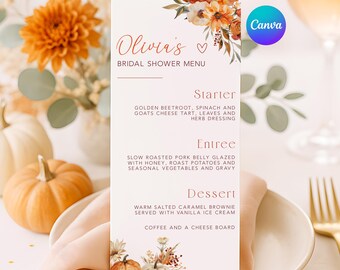 Herfstmenu bloemenbruiloft: bewerkbare pompoenbrunch, afdrukbare canvassjabloon (4 x 9 inch)