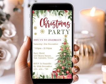 Christmas Party Editable Phone Invitation, Christmas Tree Theme Holiday Invite, Christmas Evite Custom Template, Xmas Work Office Party
