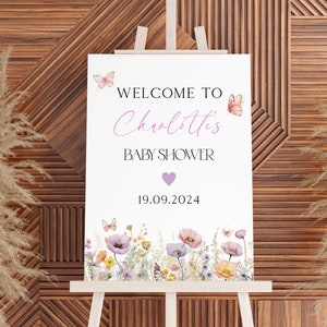 Butterfly Wildflower Baby Shower Sign, Baby Shower Welcome Sign, Editable Printable Custom Baby Sign, Girl Baby Shower Floral Welcome Sign