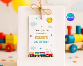 Train Birthday Favor Canva Tag – Editable Printable Thank You Label For Party