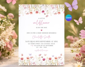 Wildflower Baby Shower Canva Invitation – Editable Printable Pink Floral Girl Baby Invite Template