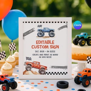 Monster Truck Theme Sign, Canva Editable Printable Custom Truck Party Sign, Monster Jam Sign, Truck Drinks Sign, Monster Truck Boy Decor