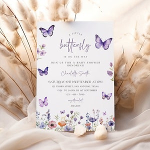Butterfly Baby Shower Invitation, Purple Butterfly Invitation, Butterflies And Flowers, Editable Baby Shower Template, Wildflower Invitation