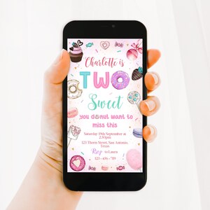 Two Sweet Birthday Phone Invitation, Girls 2nd Birthday Invitation, Donut Invitation, 2nd Birthday Theme, Mobile Invitation, 2nd Evite