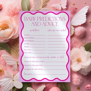 Roze en rode golvende kaart babyvoorspelling, babyshowerspelletjes, advies en goede wensen voor toekomstige ouders, bewerkbare afdrukbare retro babyspelletjes