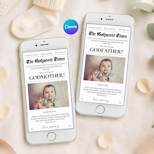 Godparent Proposal Card: Newspaper Phone Template (Digital Download, Canva Editable 1080x1920 px )