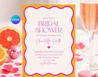 Pink Orange Bridal Shower Canva Invitation – Editable Wavy Printable Hen Party Template