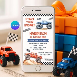 Monster Truck Phone Canva Birthday Invitation, Editable Electronic Monster Jam Party Invite, Mobile Texting Invite, Boy Birthday Evite
