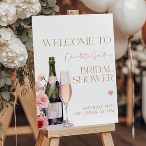 Letrero de bienvenida para despedida de soltera con pétalos y prosecco, decoración editable e imprimible para despedida de soltera, letrero floral para brunch nupcial, letrero para boda de primavera