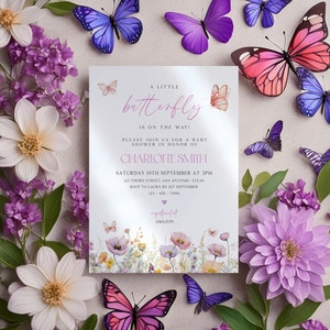 Butterfly Baby Shower Invitation, Pink Purple Butterfly Invitation, Printable Editable Baby Shower Invitation, Wildflower Floral Invitation