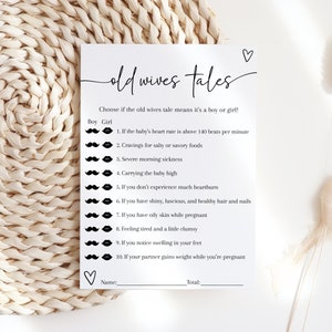Gioco per baby shower "Old Wives Tales", gioco per baby shower minimalista e moderno, quiz per baby shower, gioco modificabile e stampabile per rivelare il sesso del bambino