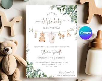 Gender Neutral Baby Shower Invitation, Canva Baby Clothes Baby Shower Editable Template, Baby Brunch Neutral Eucalyptus Printable Invite