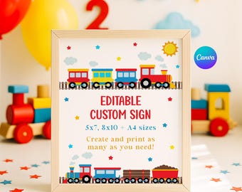Letrero de Canva para decoración de fiesta de tren: plantilla editable e imprimible de "Chugga Chugga Two Two"