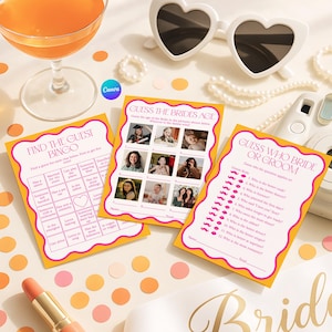 40 Bridal Shower Games Canva Bundle, Pink Orange Bridal Brunch Games, Editable Printable Wavy Template, Bachelorette Games, Hen Party Games