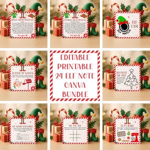 Può includere: Una raccolta di biglietti e attività stampabili a tema natalizio. L'immagine presenta varie carte con disegni festivi, tra cui messaggi a tema elfo, giochi e una lettera a Babbo Natale. Sono presenti anche bastoncini di zucchero, scatole regalo e scarpe da elfo.