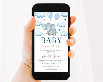 Elephant Blue Baby Shower Editable Phone Invitation, Baby Shower Boy Invitation,Elephant Evite, Baby Shower Invitation Template,Phone Invite