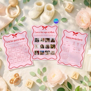Pacchetto di 40 giochi per baby shower con motivi ondulati rosa e rossi, giochi per bambine con fiocco stampabili, giochi divertenti e retrò per il brunch del bambino, giochi per bambini Canva