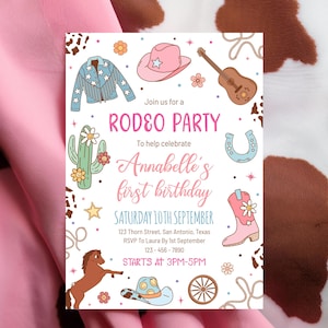 First Rodeo Girl Birthday Invitation, Cowgirl Western Printable Invitation, Editable 1st Birthday Invitation, Pink Birthday Party Invitation