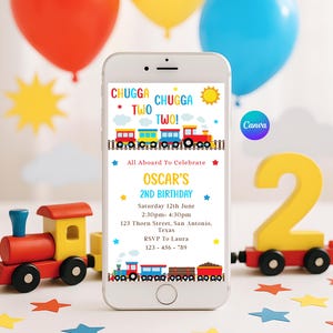 Train 2nd Birthday Phone Invitation –  Canva Editable Chugga Chugga Two Two