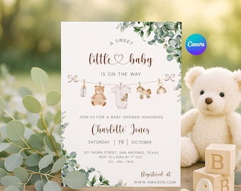 Gender Neutral Baby Shower Invitation, Canva Baby Clothes Baby Shower Editable Template, Neutral Baby Brunch Printable Invite