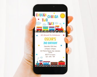 Train 2nd Birthday Phone Electronic Invitation, Chugga Chugga Two Two Invite, Train Theme Party, Editable Train Invite, Transport Invite
