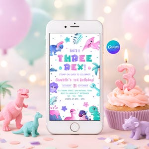 Three Rex Girl Birthday Canva Evite – bewerkbare sjabloon voor telefoonuitnodiging dinosaurus