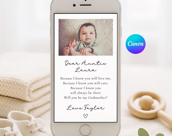 Will You Be My Godmother Proposal Phone Card, Canva Editable Godmother Card, Godparent Proposal, Digital Download, Baptism Proposal Card