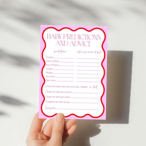 Roze en rode golvende kaart babyvoorspelling, babyshowerspelletjes, advies en goede wensen voor toekomstige ouders, bewerkbare afdrukbare retro babyspelletjes