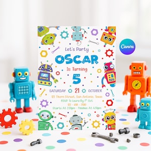 Robot Birthday Canva Invitation, Robot Party Theme, Robot Editable Invite, Boys Birthday Invitation, Robot Printable Invite Digital Template